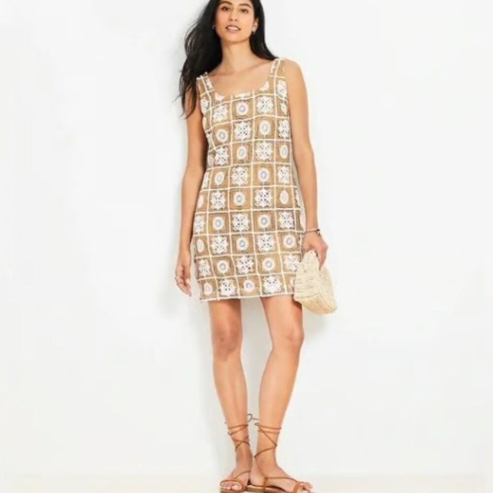 ANN TAYLOR LOFT TAN WHITE CROTCHET SLEEVELESS TANK MINI DRESS NEW 12
